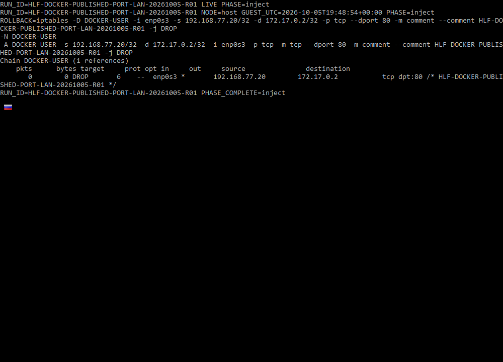 Terminal from HomeLabFix run HLF-DOCKER-PUBLISHED-PORT-LAN-20261005-R01 showing the client-specific DOCKER-USER DROP rule with a zero initial packet counter.